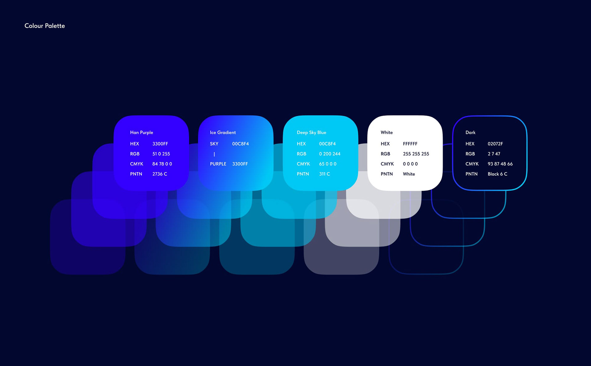 Ice Cube — Color Palette Specifications (Fluo Purple, Ice Gradient, Sky Blue, Dark Navy)