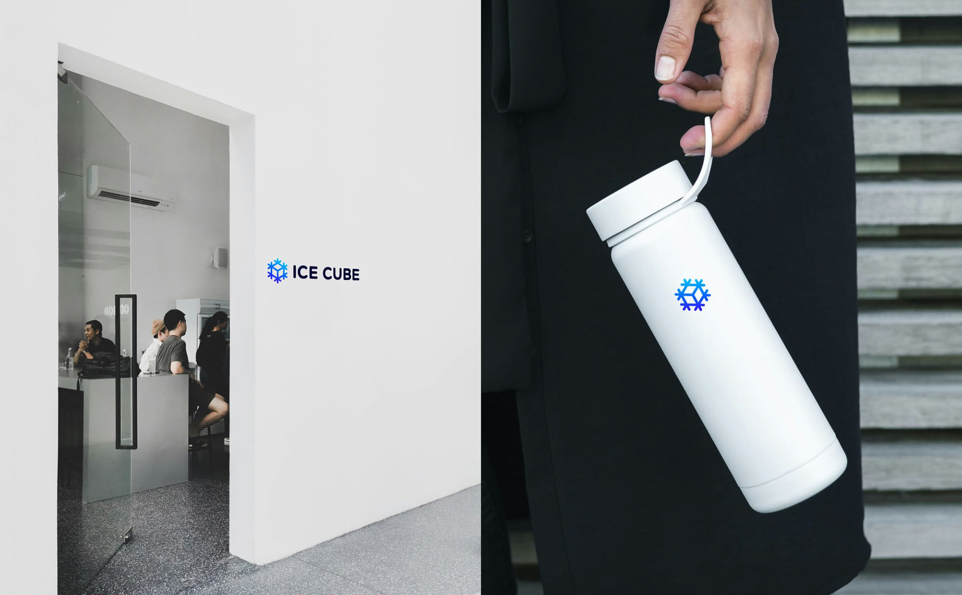 Ice Cube — Office Entrance Glass and Branded Thermos Flask