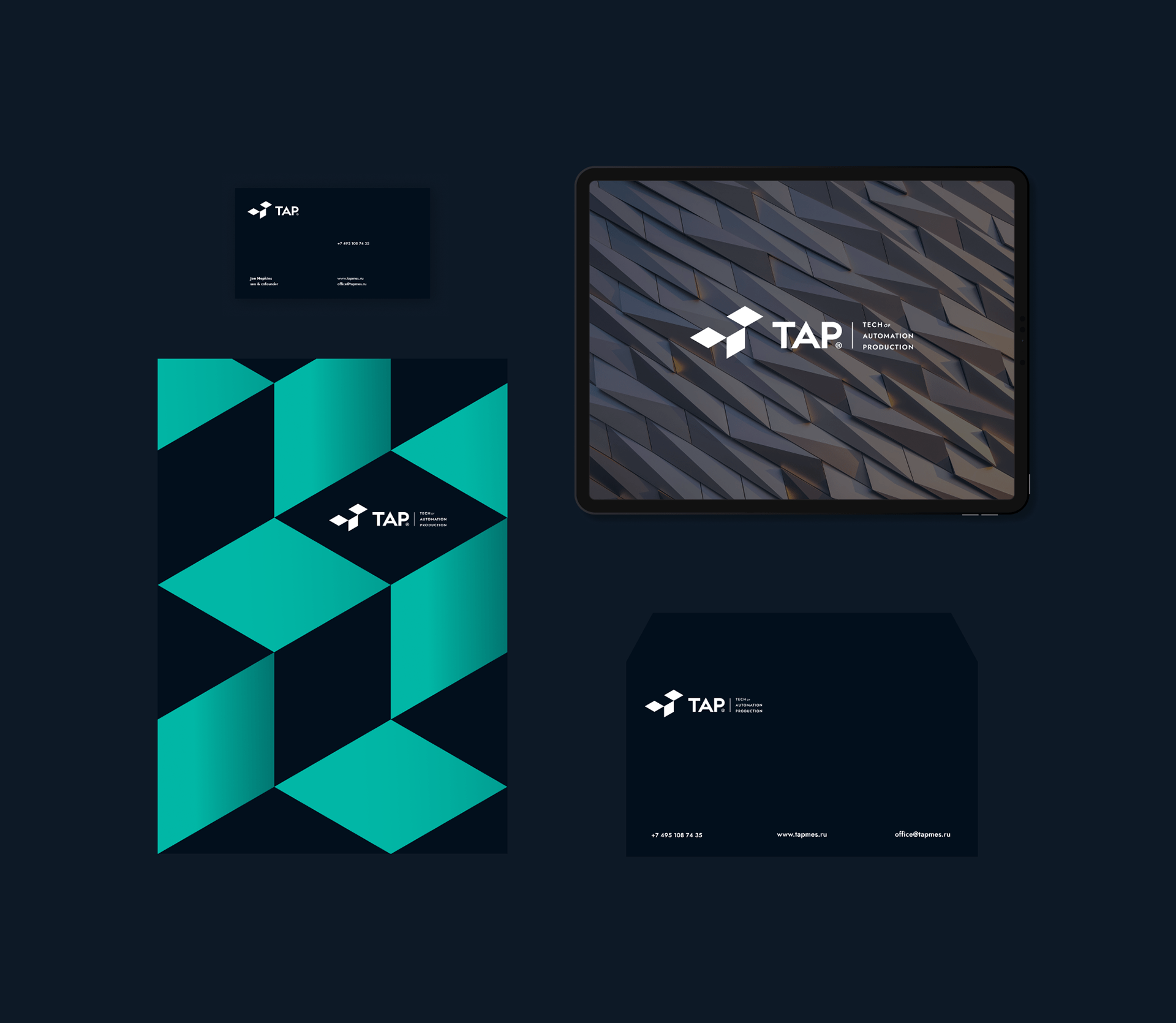 TAP System — Stationery Set, Business Cards, and Digital Tablet