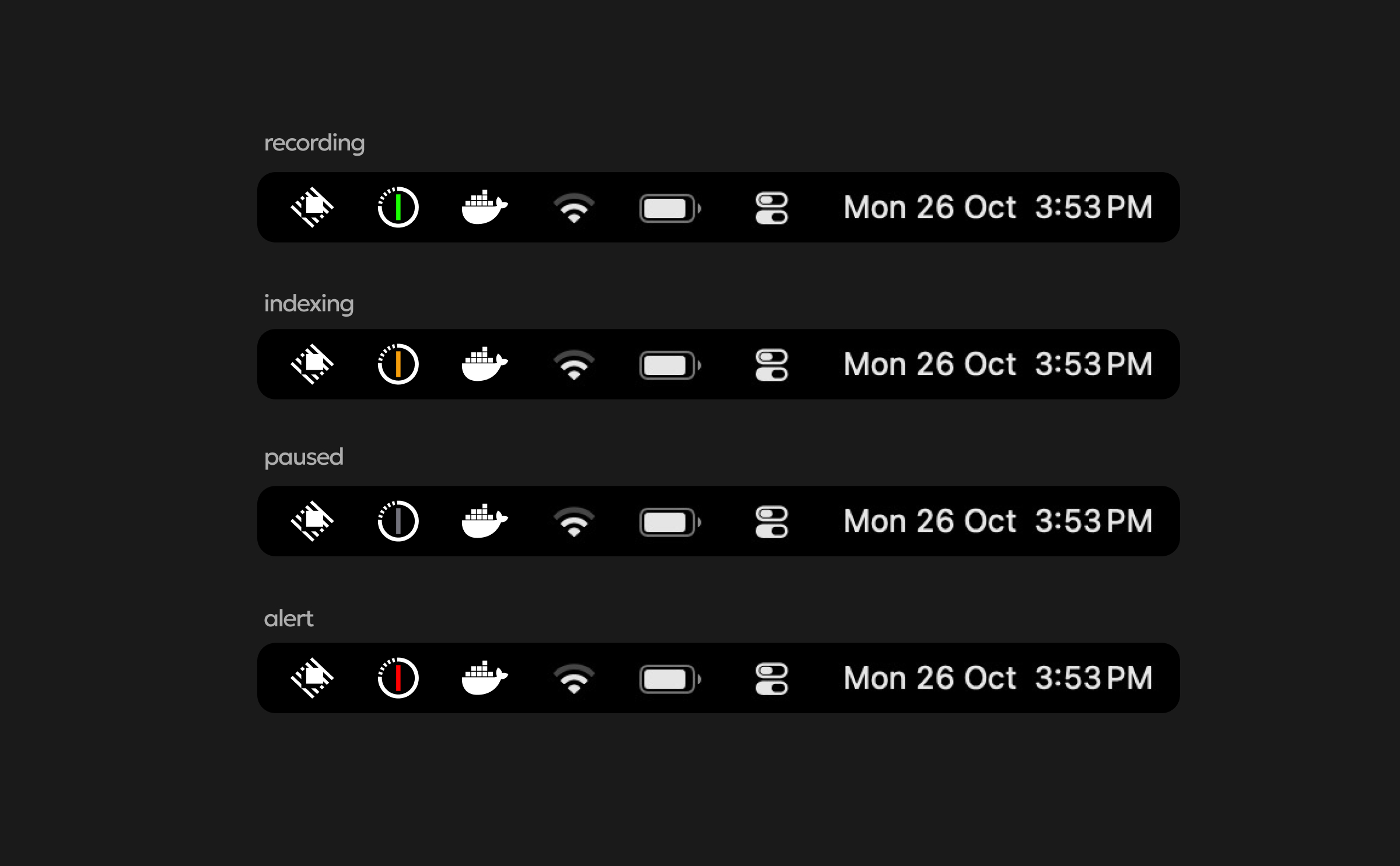 Screenpipe — macOS Menu Bar Status States