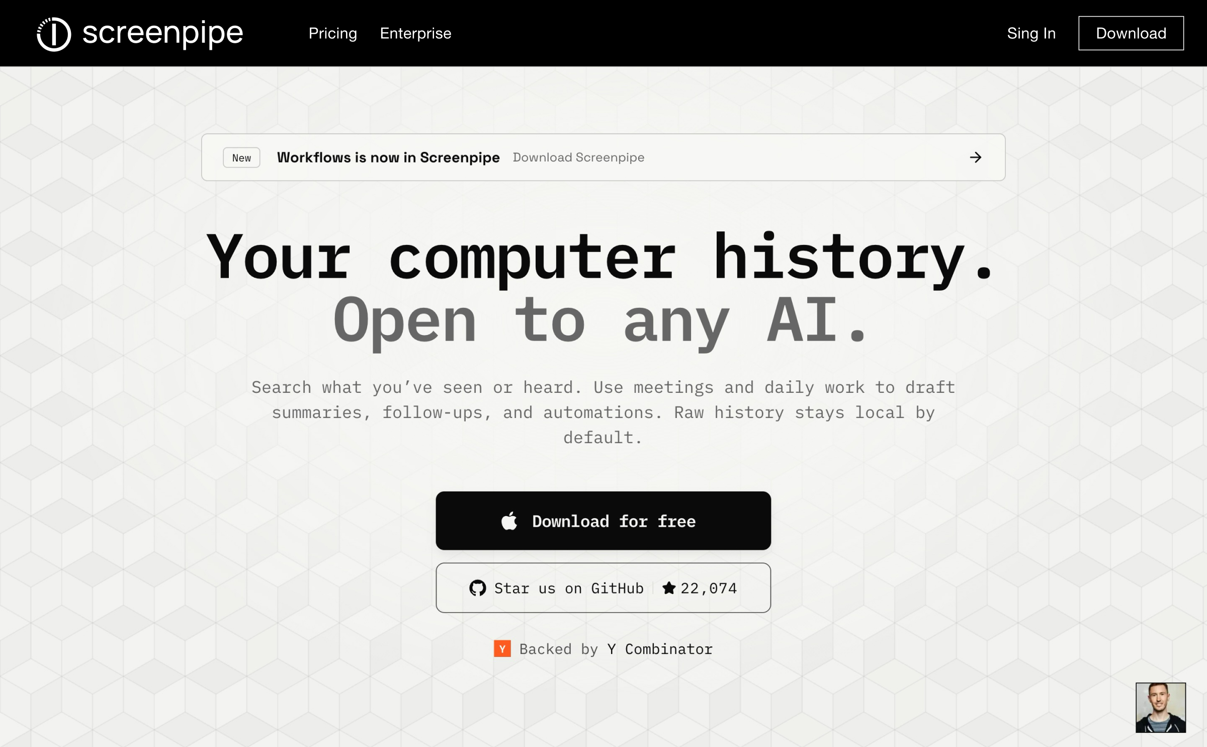 Screenpipe — Brandmark Lockup Integrated into Existing Website Header