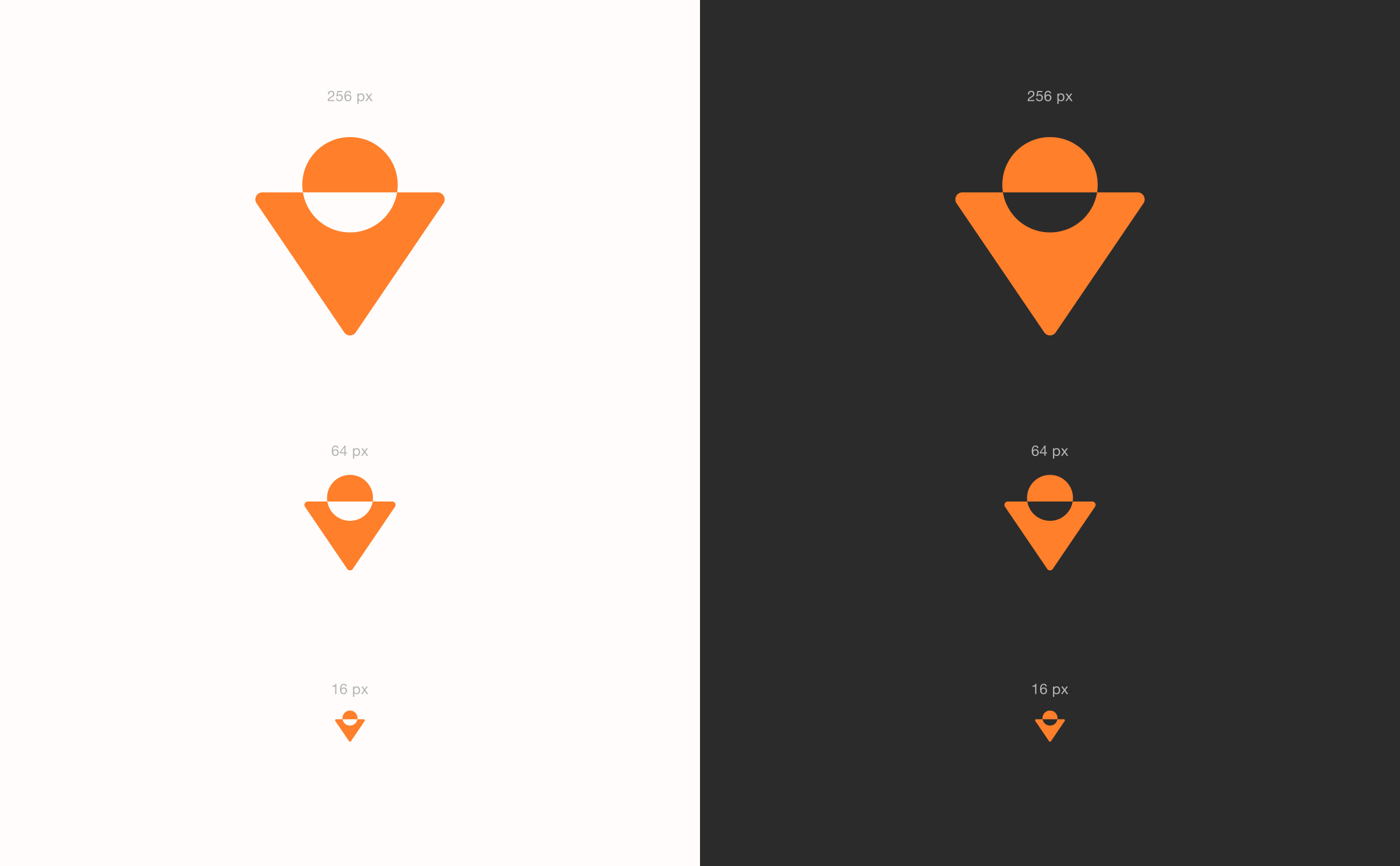Vectorial — Optical Scaling at 256px, 64px, and 16px